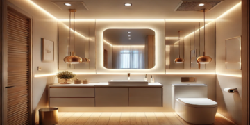 A modern small bathroom featuring recessed ceiling lights, a backlit mirror, and pendant lighting. The elegant vanity has a glowing LED strip, creating a warm and inviting ambiance in a compact space
