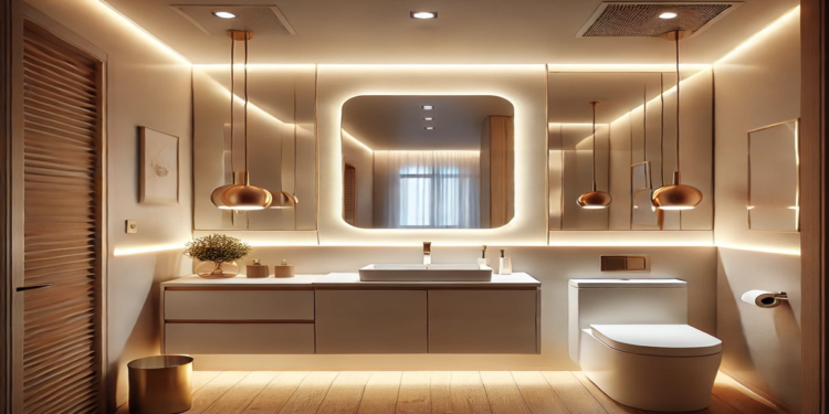 A modern small bathroom featuring recessed ceiling lights, a backlit mirror, and pendant lighting. The elegant vanity has a glowing LED strip, creating a warm and inviting ambiance in a compact space