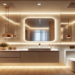 A modern small bathroom featuring recessed ceiling lights, a backlit mirror, and pendant lighting. The elegant vanity has a glowing LED strip, creating a warm and inviting ambiance in a compact space