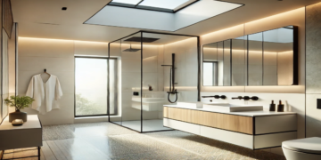 A modern square bathroom with dual vanities, matching square sinks, and mirrors, creating a balanced and harmonious atmosphere with soft neutral tones and sleek finishes