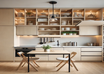 A modern, compact kitchen featuring space-saving designs, including open shelving, a foldable dining table, slim kitchen island, and under-cabinet lighting, creating a functional and stylish space