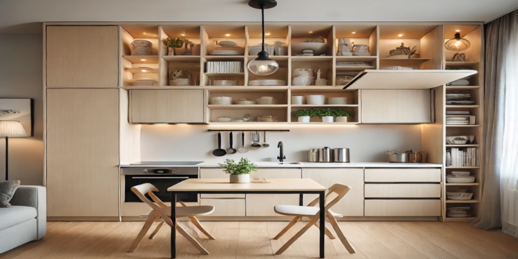 A modern, compact kitchen featuring space-saving designs, including open shelving, a foldable dining table, slim kitchen island, and under-cabinet lighting, creating a functional and stylish space