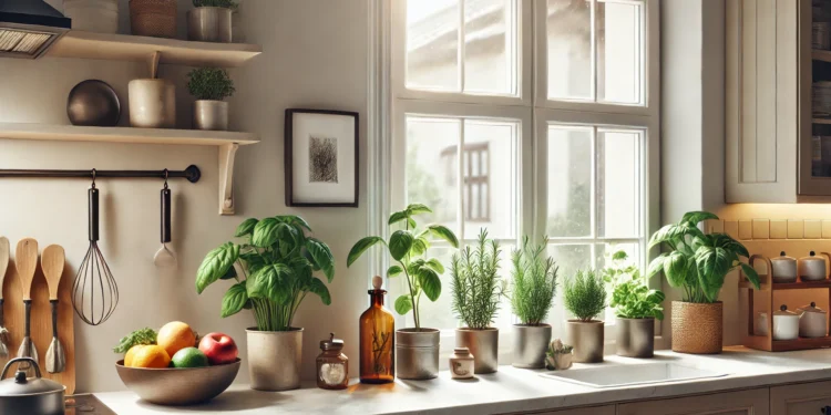 Modern kitchen window ledge with herb garden, colorful fruits, vintage decor, and soft natural light