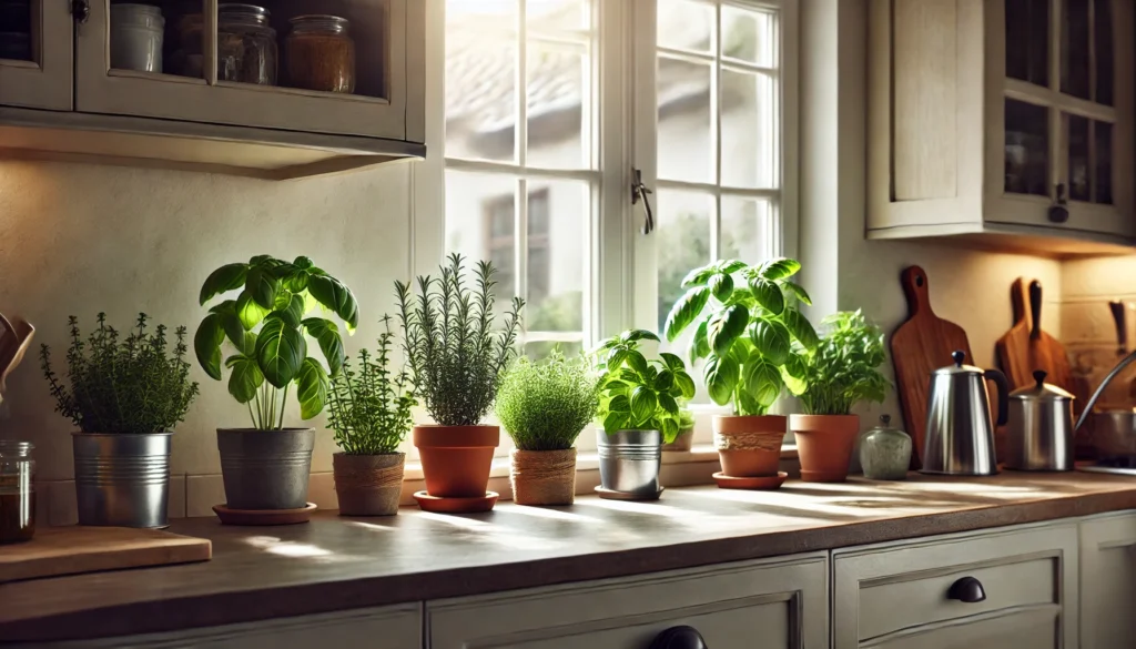 Kitchen window ledge with a small herb garden featuring basil, rosemary, thyme, and mint pots, bathed in natural sunlight.