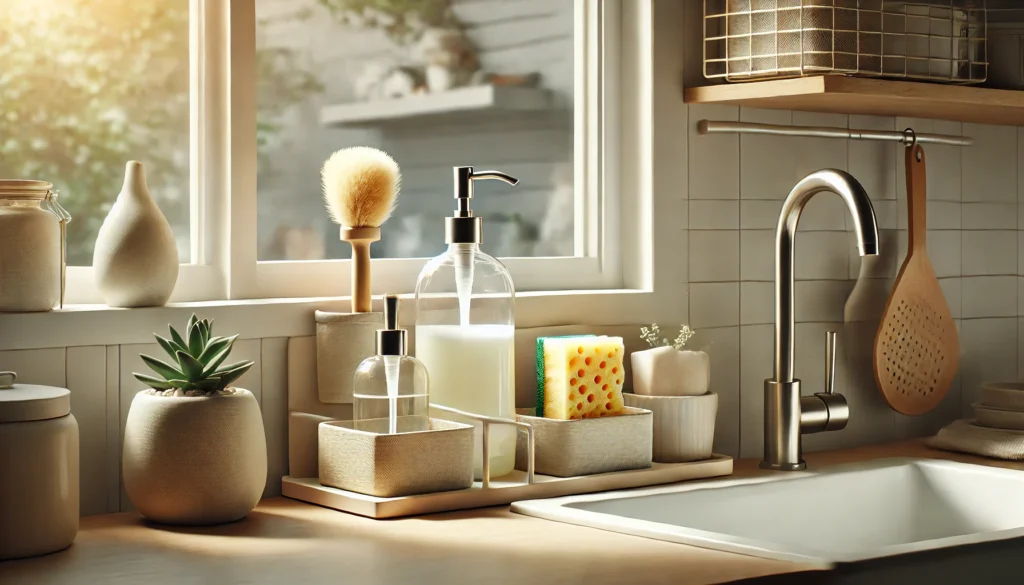 Kitchen window ledge with dish soap dispenser, lotion bottle, and decorative dish for sponges, illuminated by soft natural sunlight.