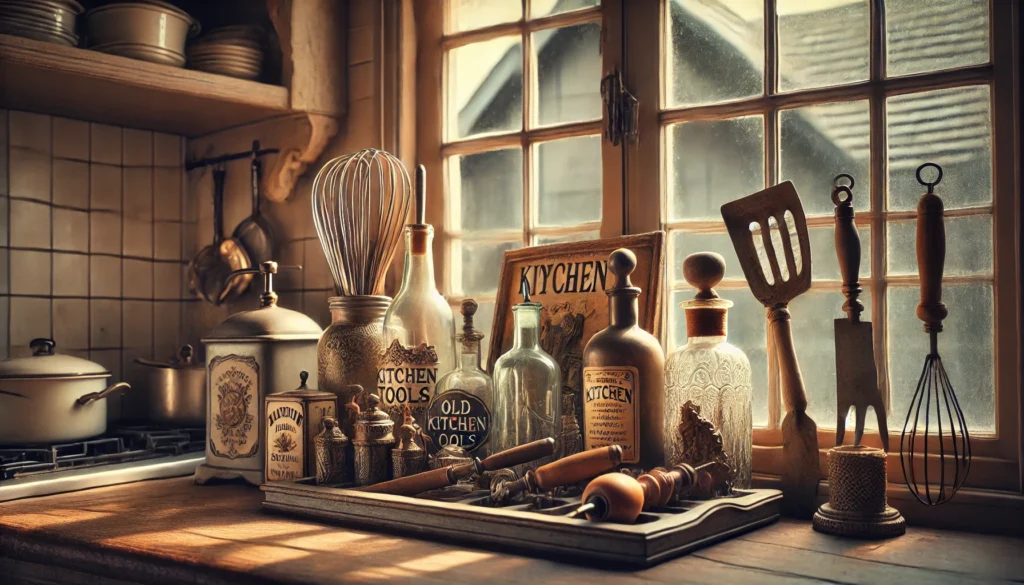 Kitchen window ledge decorated with vintage kitchen tools, old glass bottles, and nostalgic signs, creating a rustic farmhouse atmosphere.