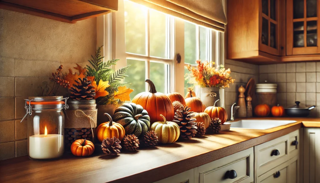 Kitchen window ledge decorated with pumpkins, pine cones, and autumn-themed items, bathed in warm natural light.