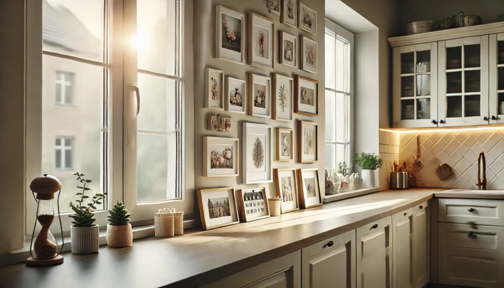 Kitchen window ledge with small framed prints and photographs, creating a personalized and artistic display with natural light.