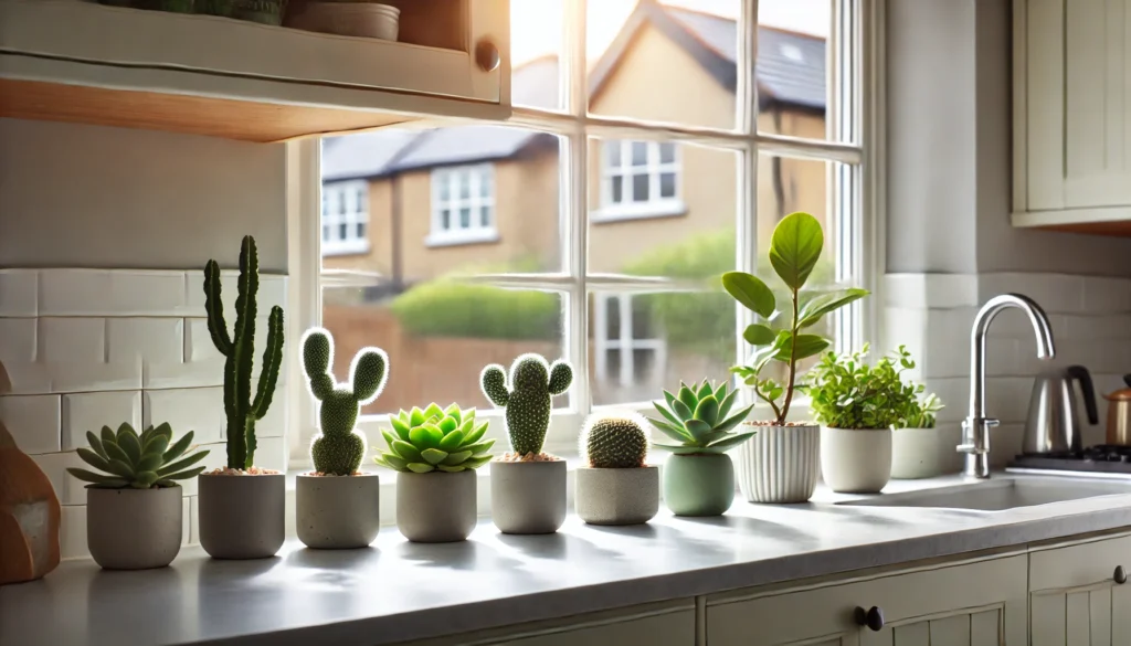 Kitchen window ledge with succulents and cacti in modern pots, adding a green and low-maintenance touch to the space.