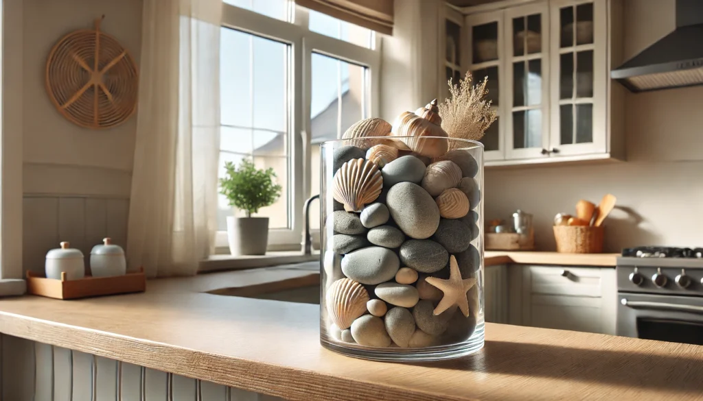Kitchen window ledge with a glass container filled with soft river rocks and seashells, creating a coastal and serene vibe.