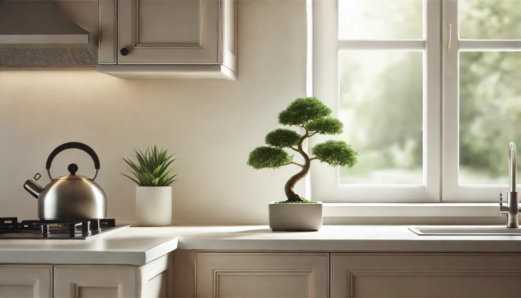 Kitchen window ledge with a small bonsai tree in a simple pot, adding a graceful and tranquil touch to the space.