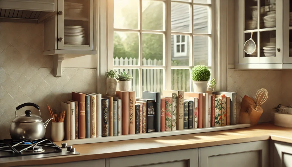 Kitchen window ledge featuring a collection of cookbooks, showcasing both functionality and decor with soft natural light.
