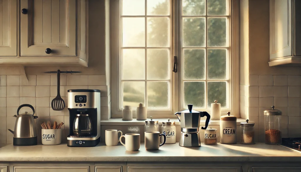 Kitchen window ledge featuring mugs, a coffee maker or teapot, and sugar and cream containers, creating a cozy and scenic tea or coffee station.