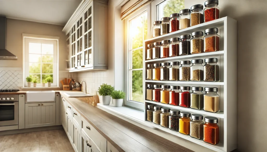 Kitchen window ledge featuring small jars of colorful spices, creating a practical and decorative spice rack.