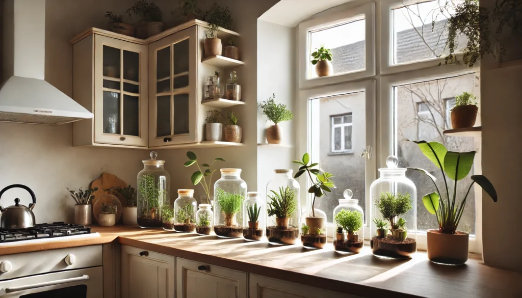 Kitchen window ledge transformed into a mini greenhouse with various plants in glass containers, soaking up sunlight.