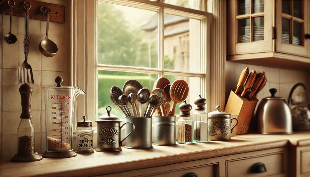 Kitchen window ledge displaying antique measuring cups, spoons, and retro salt and pepper shakers, creating a nostalgic and rustic atmosphere