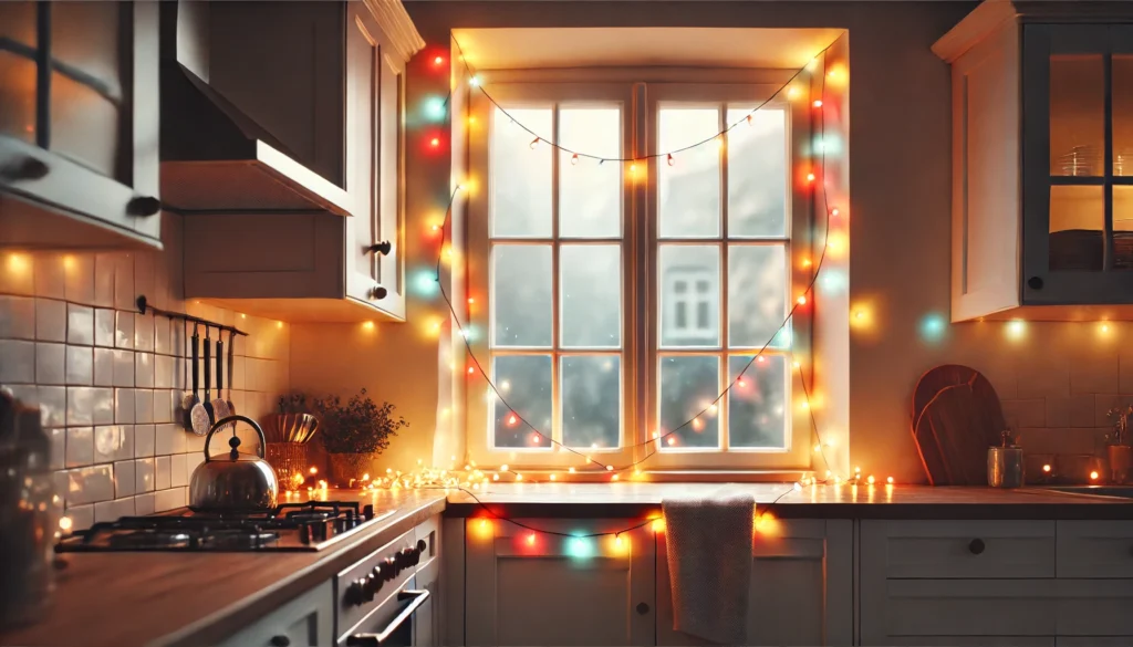 Kitchen window ledge with colorful fairy lights creating a warm and magical glow, perfect for evening kitchen activities
