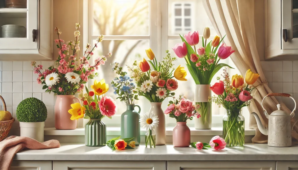 Kitchen window ledge decorated with colorful spring flowers like tulips and daisies in bright vases, adding a joyful touch to the space
