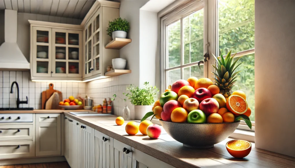 Kitchen window ledge with a bowl of fresh summer fruits like oranges, apples, and peaches, creating a colorful and refreshing atmosphere.
