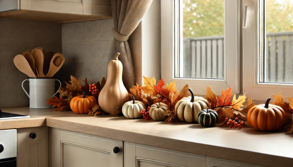 Kitchen window ledge decorated with small pumpkins, gourds, and artificial autumn leaves, creating a warm and cozy fall atmosphere