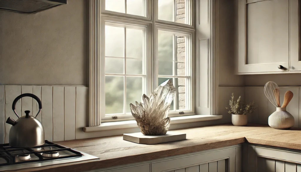 Kitchen window ledge with a large, unique crystal or natural driftwood as a statement piece, adding a bold touch to the minimalist kitchen.