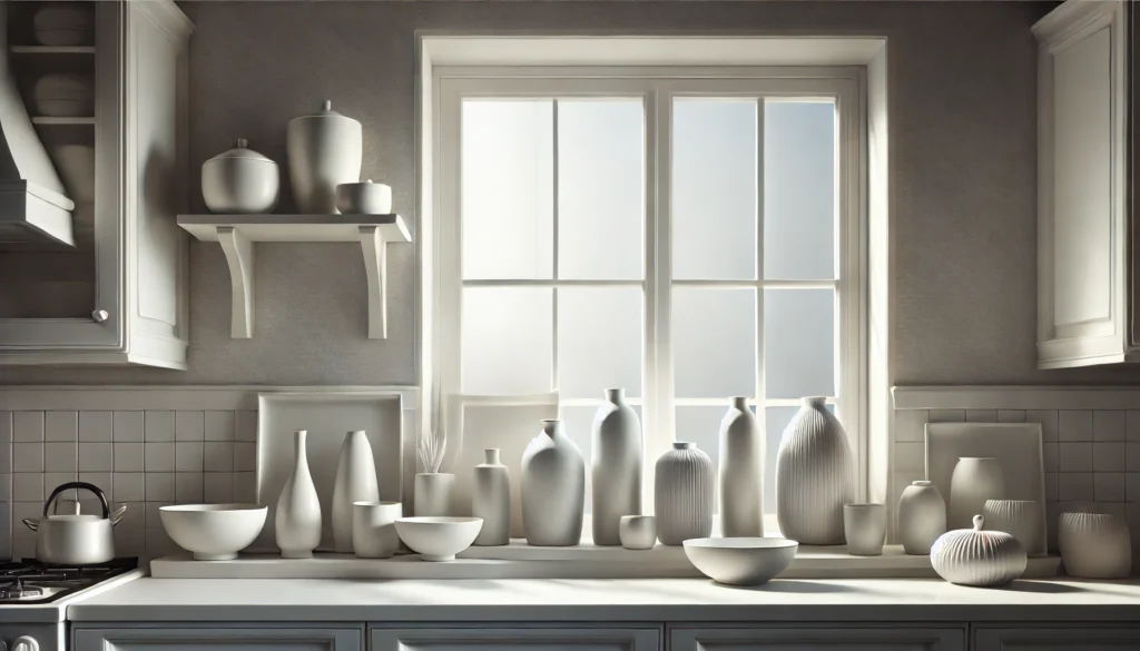 Kitchen window ledge featuring a collection of white ceramics in different shapes and sizes, creating a modern minimalist aesthetic.