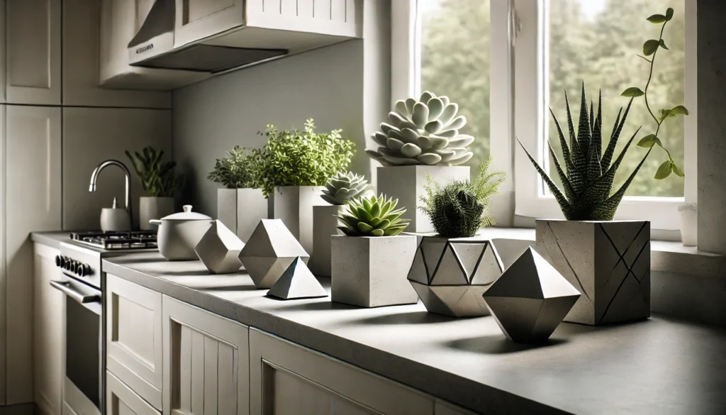Kitchen window ledge with small geometric concrete planters in cube and pyramid shapes, adding modern visual interest to the space