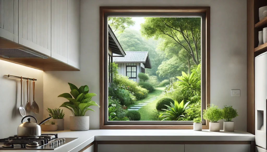 Kitchen window ledge with a beautiful outdoor garden view, with minimal decoration that doesn’t distract from the scenery