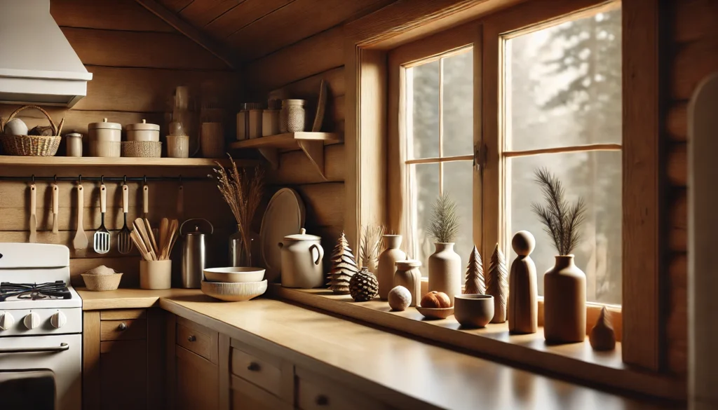 Kitchen window ledge with a balanced and tidy decoration, featuring carefully placed items that reflect a cozy cabin-like atmosphere