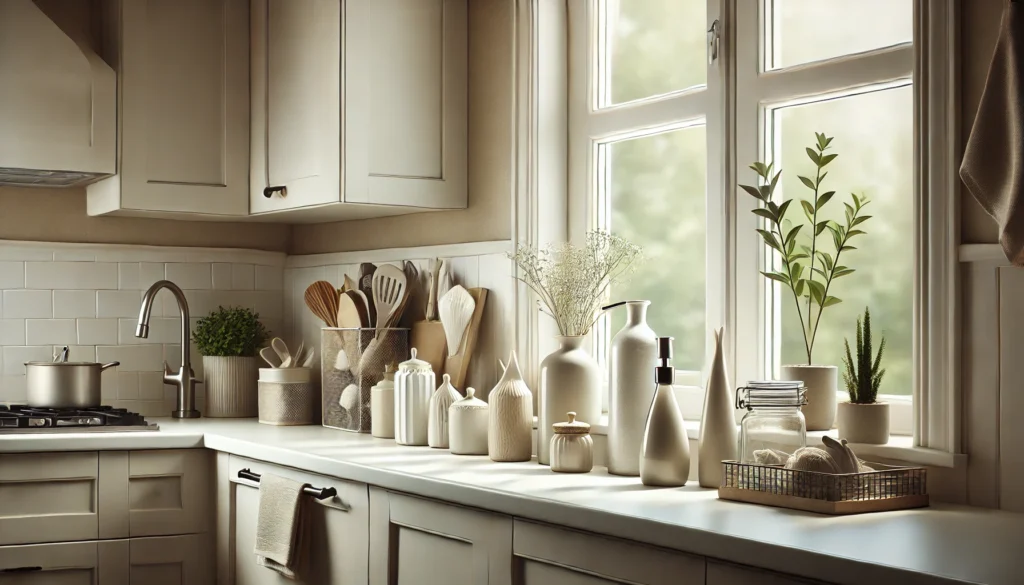 Kitchen window ledge with smooth, washable surfaces and practical decorative items like glass jars, ceramic vases, and small plants