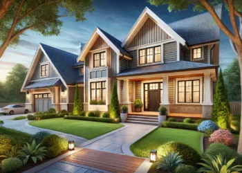 A beautifully remodeled home exterior with updated roofing, siding, and landscaping, showcasing a stunning transformation.