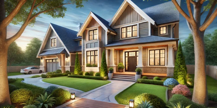 A beautifully remodeled home exterior with updated roofing, siding, and landscaping, showcasing a stunning transformation.