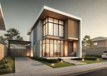 Exterior view of a modern small house with minimalist design, large windows, flat roof, and a combination of wood, glass, and metal materials. The surrounding landscape features greenery and a well-maintained yard