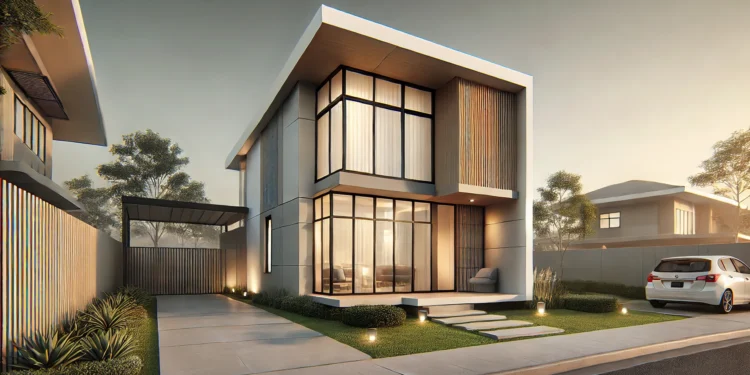 Exterior view of a modern small house with minimalist design, large windows, flat roof, and a combination of wood, glass, and metal materials. The surrounding landscape features greenery and a well-maintained yard