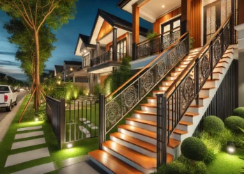 A beautifully designed outdoor staircase with a stylish wood and metal railing, leading to a cozy front porch. Surrounded by greenery and soft outdoor lighting, the railing enhances both safety and aesthetics