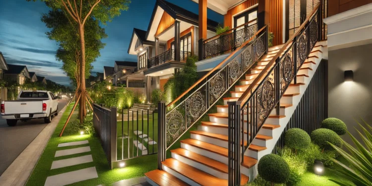 A beautifully designed outdoor staircase with a stylish wood and metal railing, leading to a cozy front porch. Surrounded by greenery and soft outdoor lighting, the railing enhances both safety and aesthetics