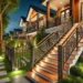 A beautifully designed outdoor staircase with a stylish wood and metal railing, leading to a cozy front porch. Surrounded by greenery and soft outdoor lighting, the railing enhances both safety and aesthetics