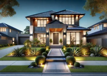 A beautifully designed home front with a modern facade, large windows, a sleek front door, elegant lighting, and a manicured landscape. The stylish entrance balances aesthetics and functionality, making a lasting first impression