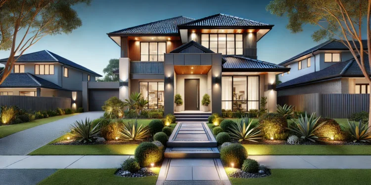 A beautifully designed home front with a modern facade, large windows, a sleek front door, elegant lighting, and a manicured landscape. The stylish entrance balances aesthetics and functionality, making a lasting first impression