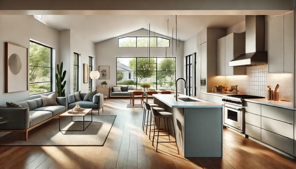 A modern ranch kitchen with sleek cabinetry, a large central island, and natural light pouring through expansive windows. The open floor plan continues into a cozy living area with minimalist design elements.