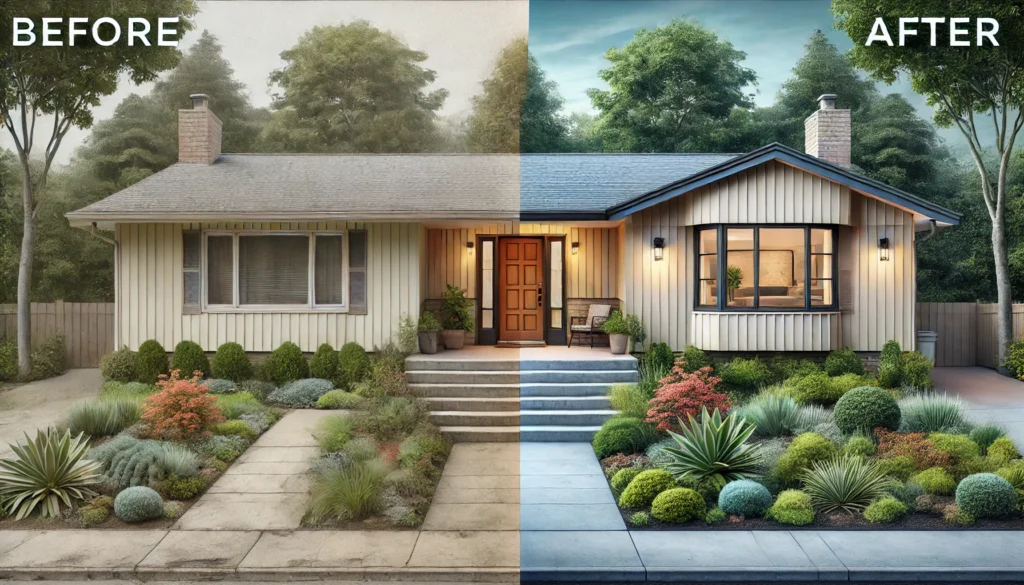 A side-by-side before and after image of a ranch house exterior transformation. The 'before' shows a dull, outdated facade, while the 'after' showcases a modern, inviting exterior with fresh paint, new windows, and landscaping.