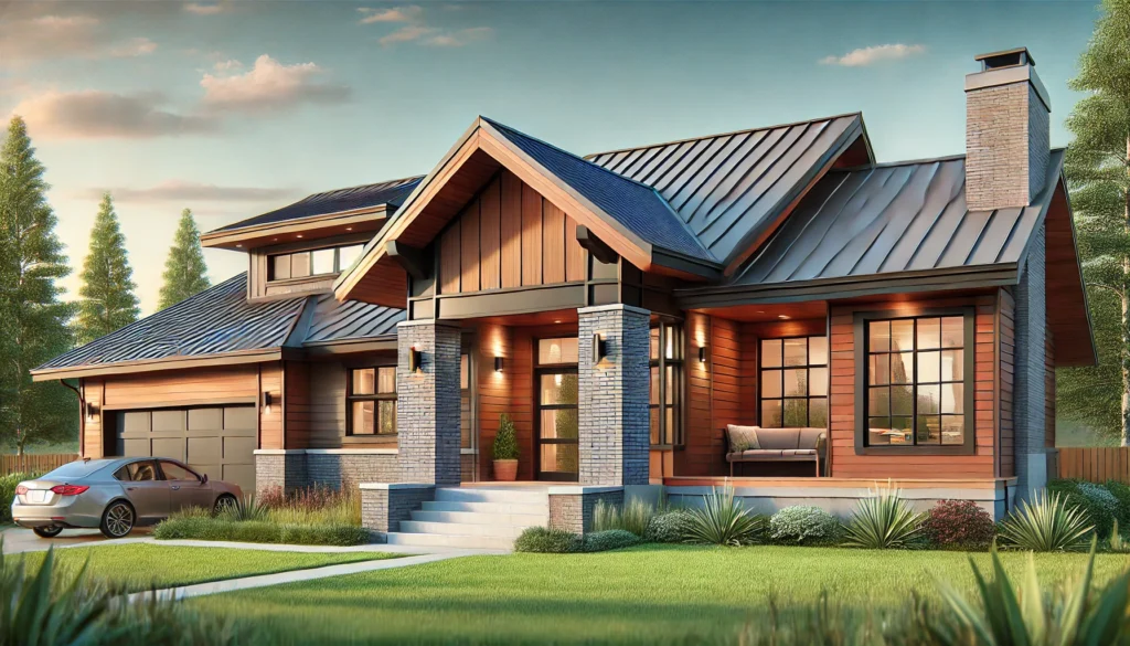 A ranch house exterior that blends classic brick with sleek metal panels and wooden siding, with a redesigned roofline adding dimension to the modern design.