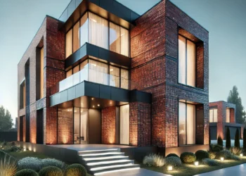 A high-end modern brick house featuring large glass windows, red and black brick textures, and a well-lit entrance with minimalistic landscaping