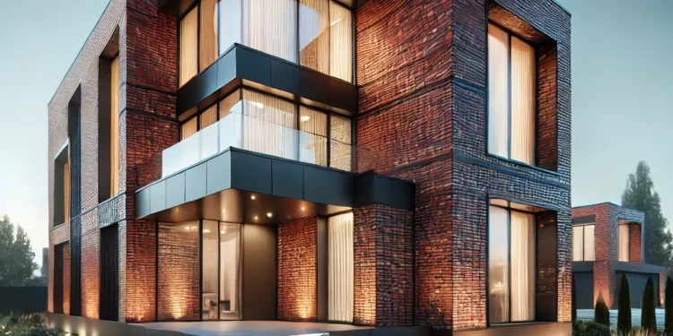A high-end modern brick house featuring large glass windows, red and black brick textures, and a well-lit entrance with minimalistic landscaping