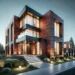 A high-end modern brick house featuring large glass windows, red and black brick textures, and a well-lit entrance with minimalistic landscaping