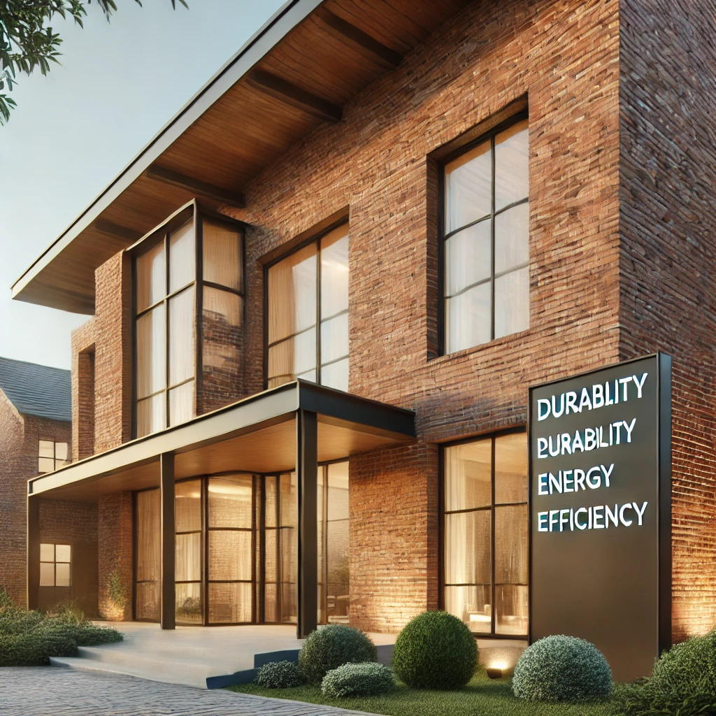 A stylish modern brick house showcasing durability and energy efficiency, featuring large windows, a flat roof, and minimalist landscaping