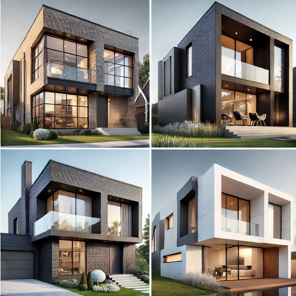 A collage featuring contemporary, black, grey, and white brick houses, each with modern architectural elements and stylish exteriors