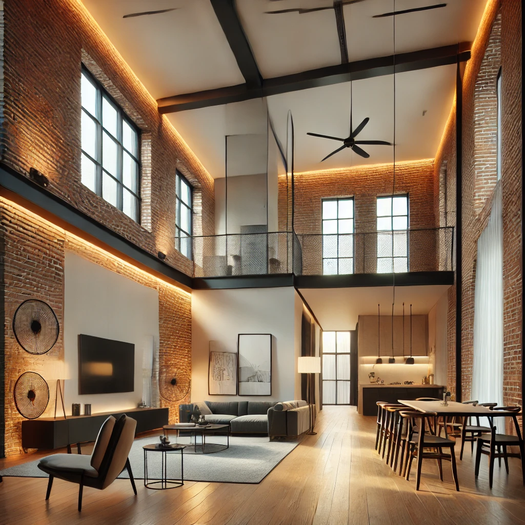 A stylish interior of a modern brick house featuring an open floor plan, high ceilings, exposed brick walls, and abundant natural light