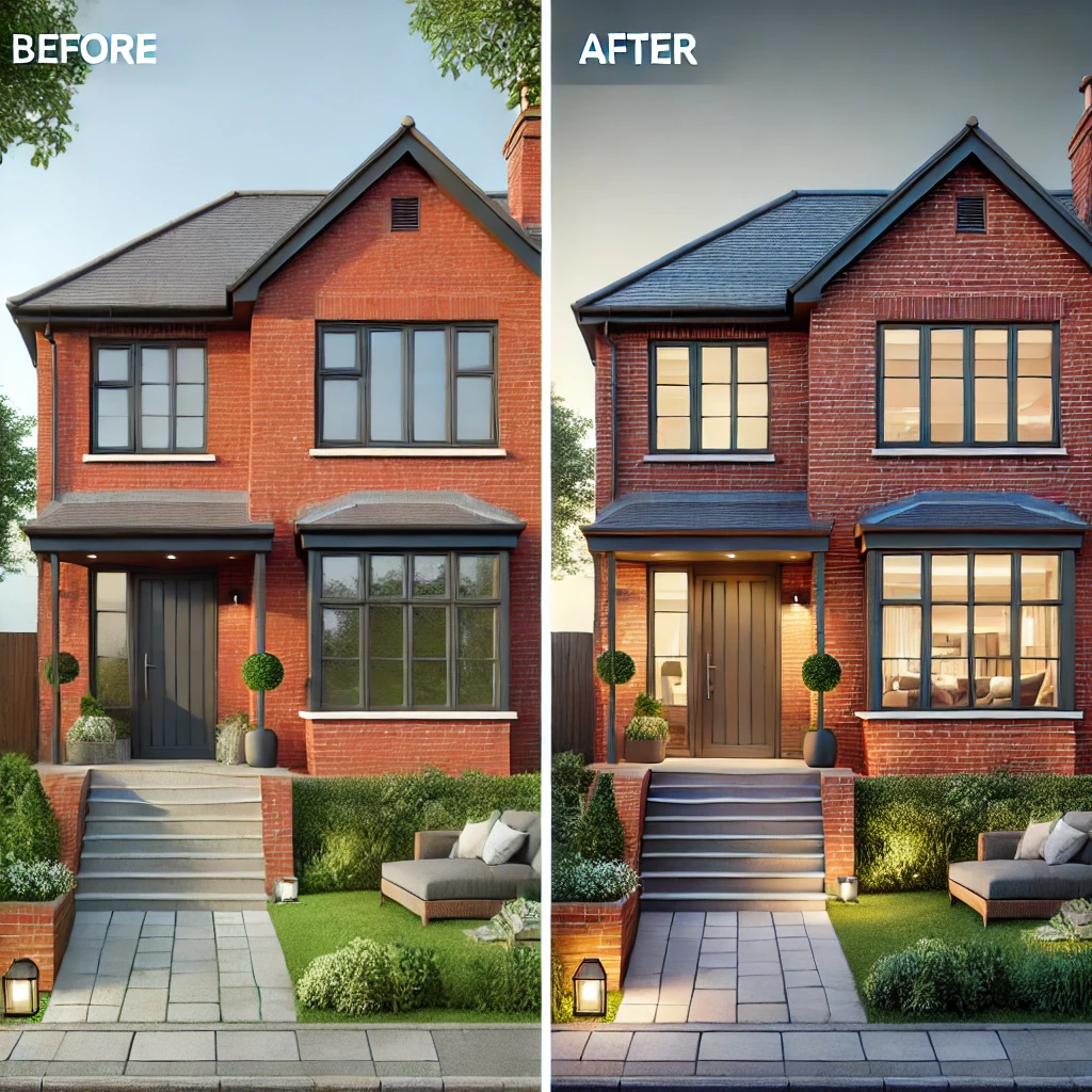 A before-and-after transformation of a red brick house featuring large windows, a sleek front door, updated lighting, and a minimalist landscape for a modern look