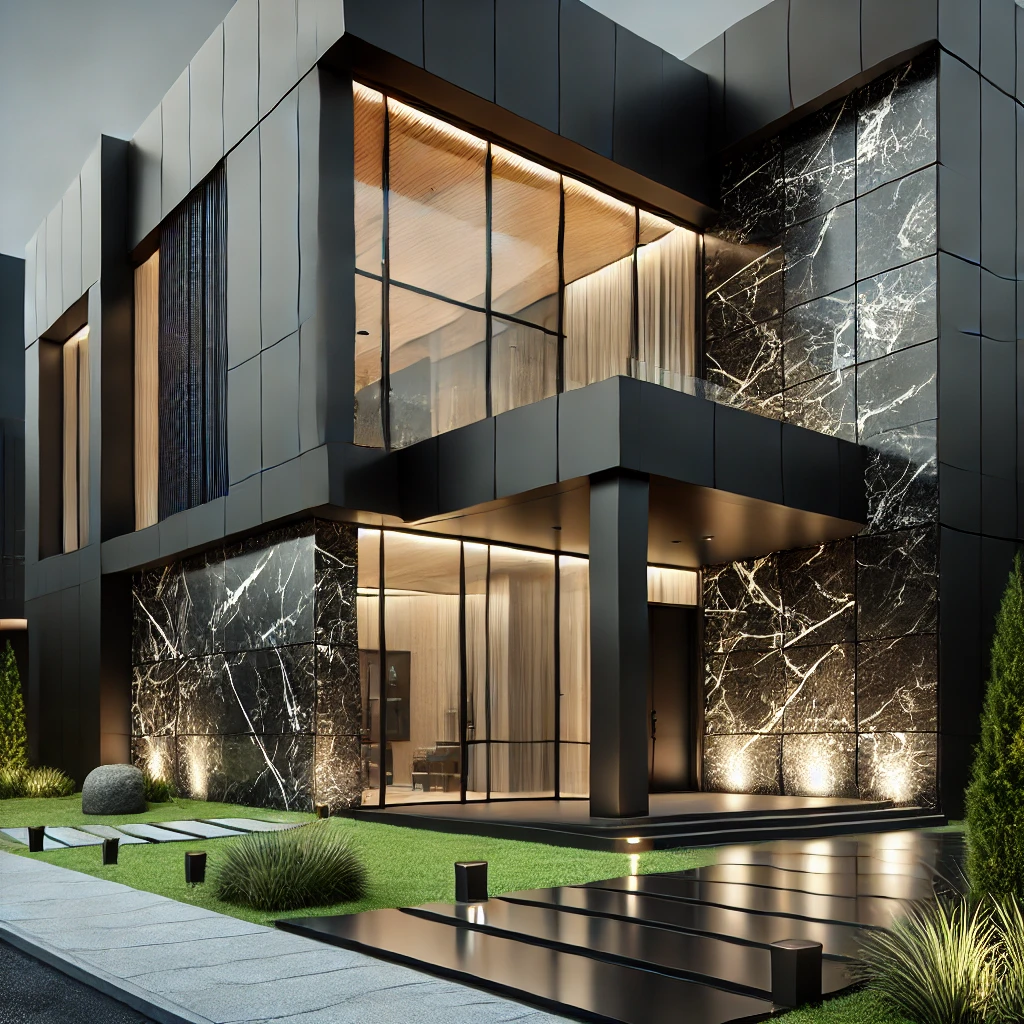 A sleek modern house featuring quartz bricks and black concrete, with large glass windows, clean geometric lines, and stylish outdoor lighting for a bold and elegant design